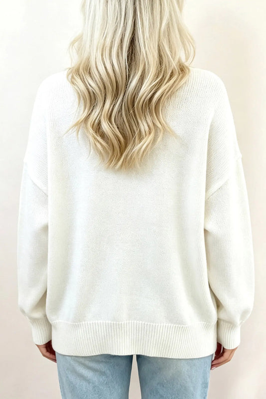 White Cozy Dog Print Dropped Shoulder Relaxed Sweater model back view · nz-alt-v1