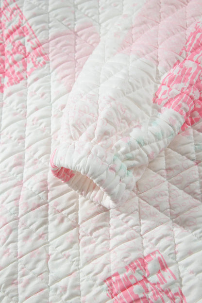 Pink Floral Quilted Half Button Pocketed Pullover Sweatshirt