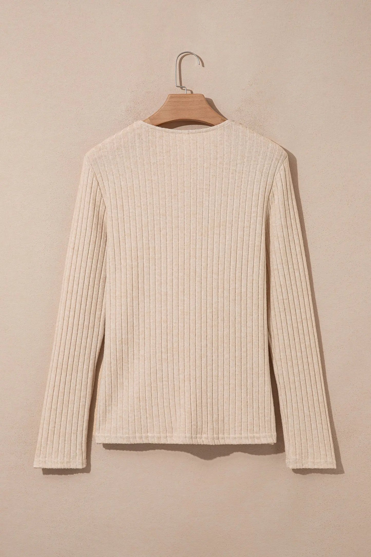 Apricot Solid Color Ribbed Knit Cowl Neck Long Sleeve Top