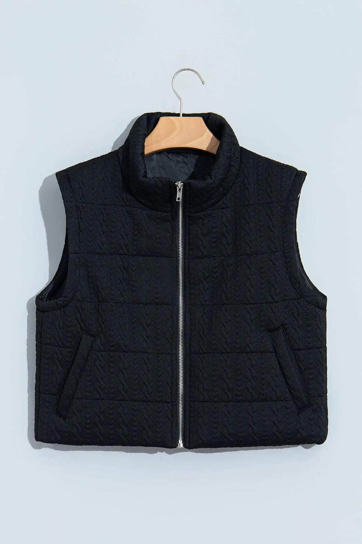 Black Textured Quilted Stand Neck Zipper Winter Vest