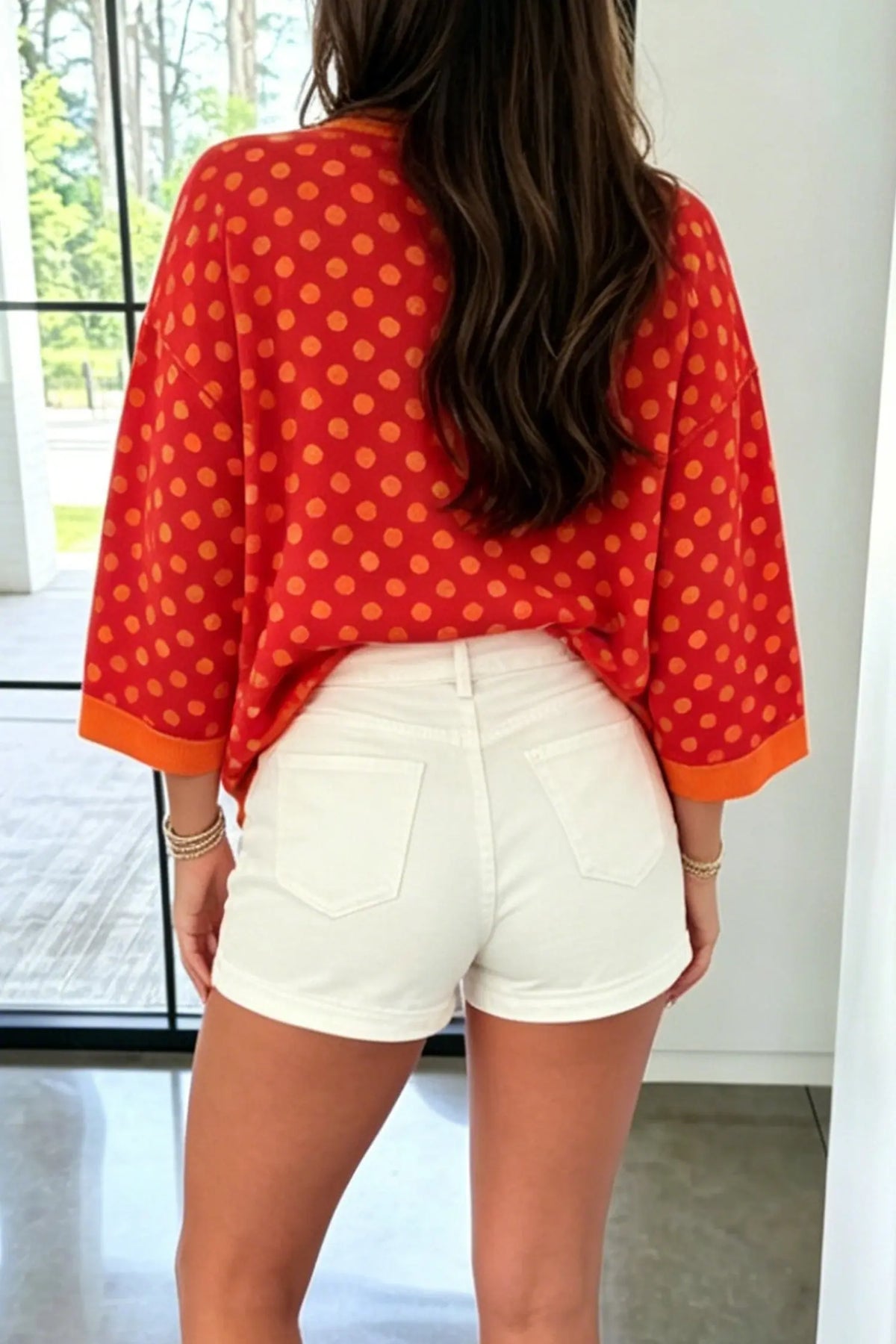 Polka Dot Print Contrast Trim Round Neck Bracelet Sleeve Top