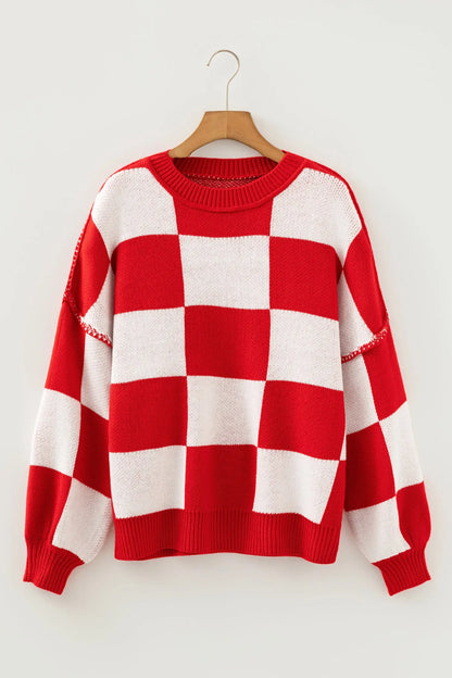 Black Checkered Bishop Sleeve Sweater