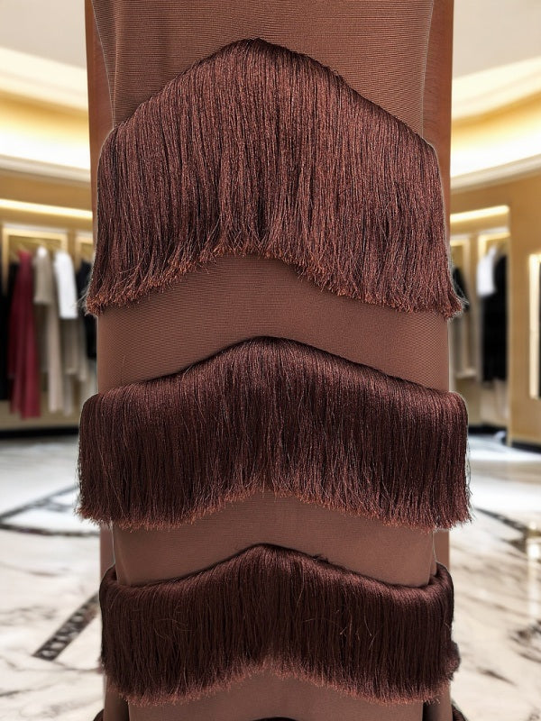 Strapless Fringe Tiered Midi Dress in Chocolate detail view · nz-bg-v1