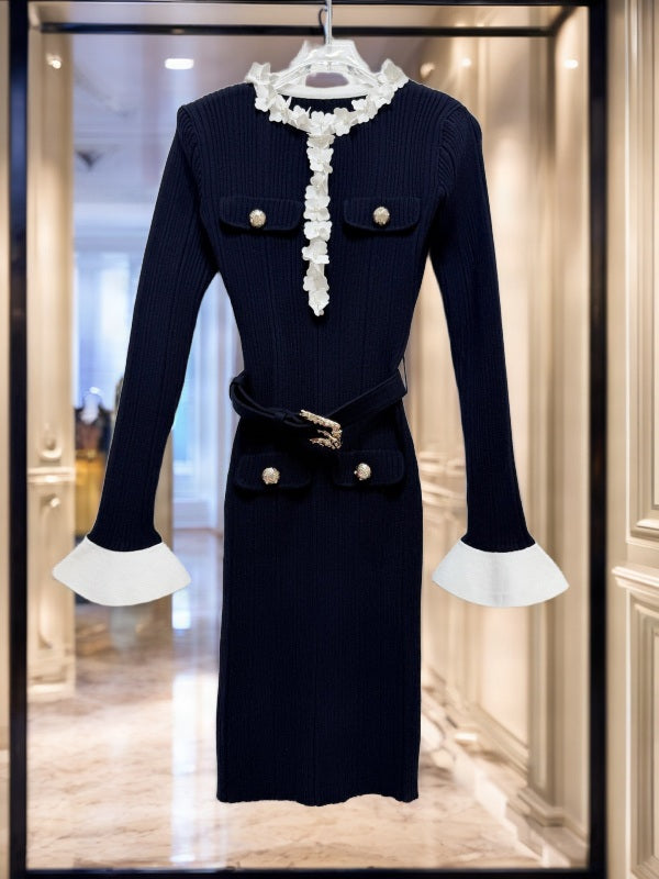 Ribbed Knit Mini Dress with Ruffle Trim and Belt hanging view · nz-bg-v1