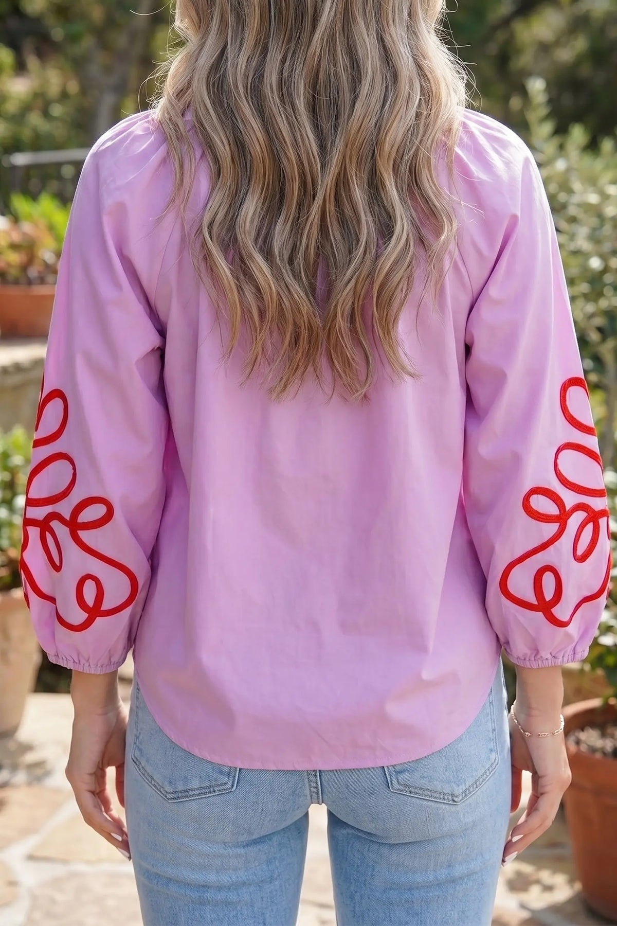 100% Cotton Orchid Bouquet Contrast Detail Long Sleeve Decorative Neckline Cotton Blouse