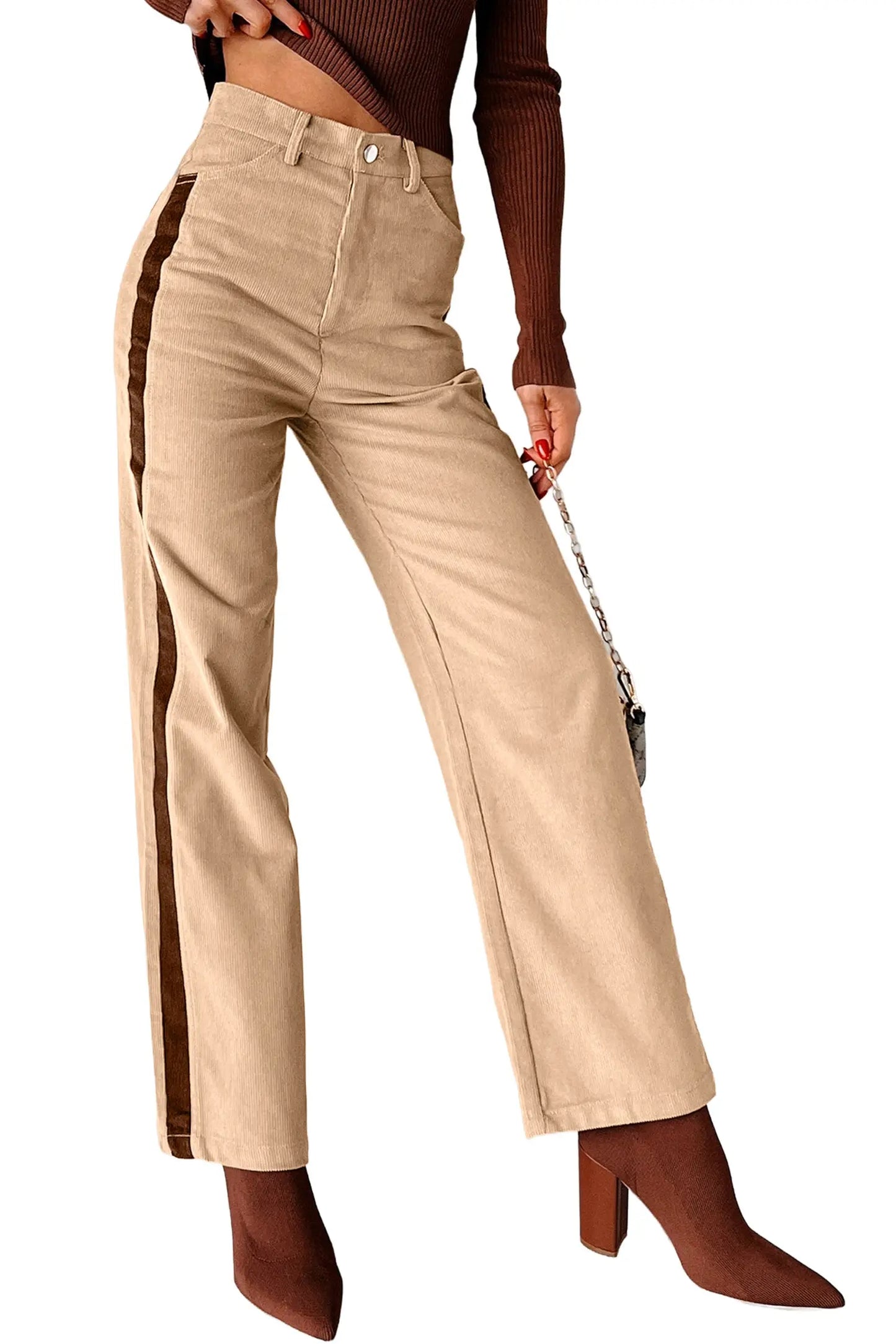 Smoke Gray Corduroy Side Panel Colorblock Straight Leg Pants