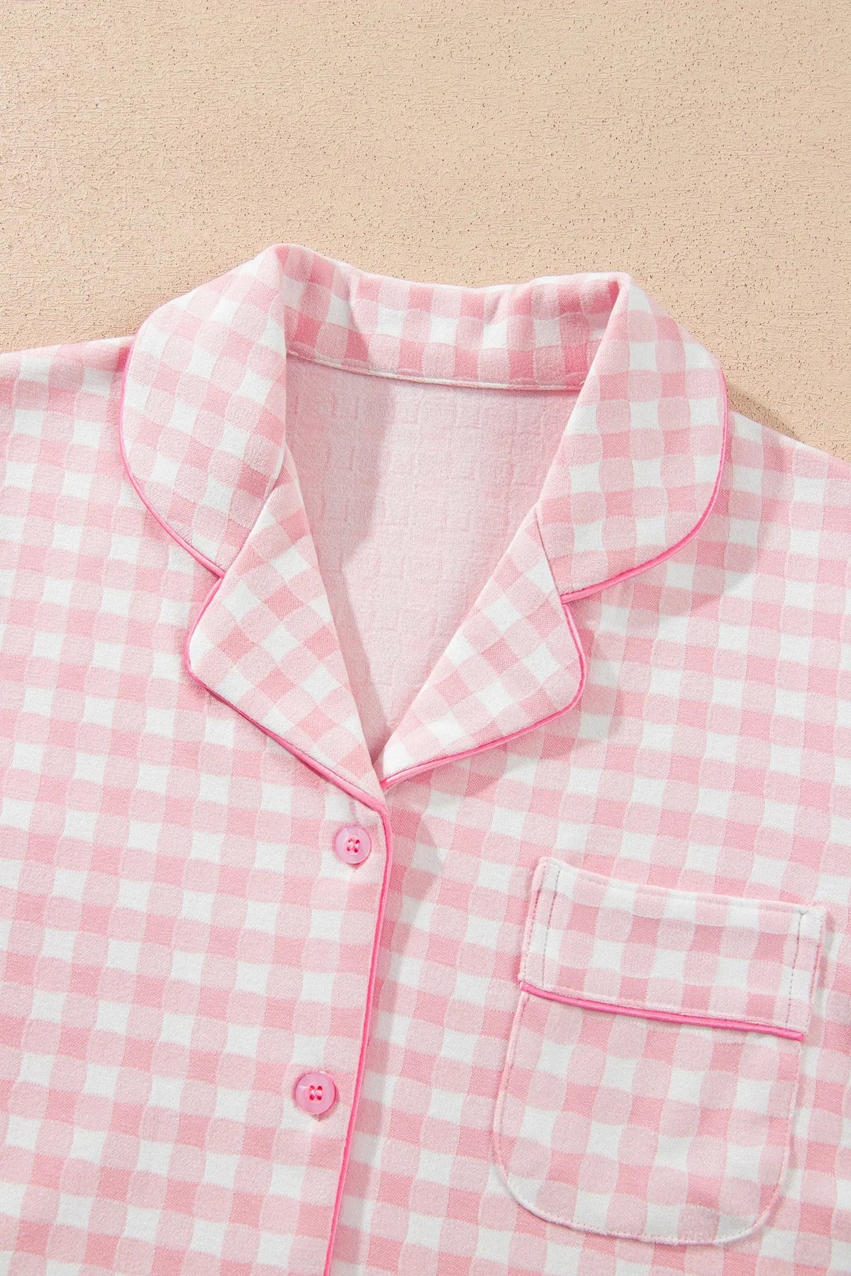 Pink Gingham Long Sleeve Lapel Shirt 2pcs Pajama Pant Set detail view · nz-alt-v1