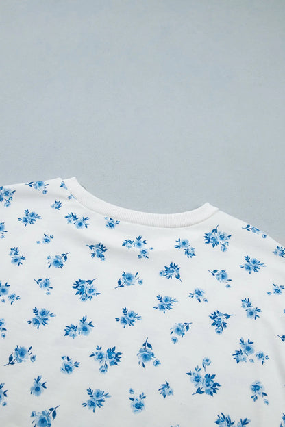 Sky Blue Floral Print Long Sleeve Top Elastic Waist Ruffle Hem Shorts 2pcs Set