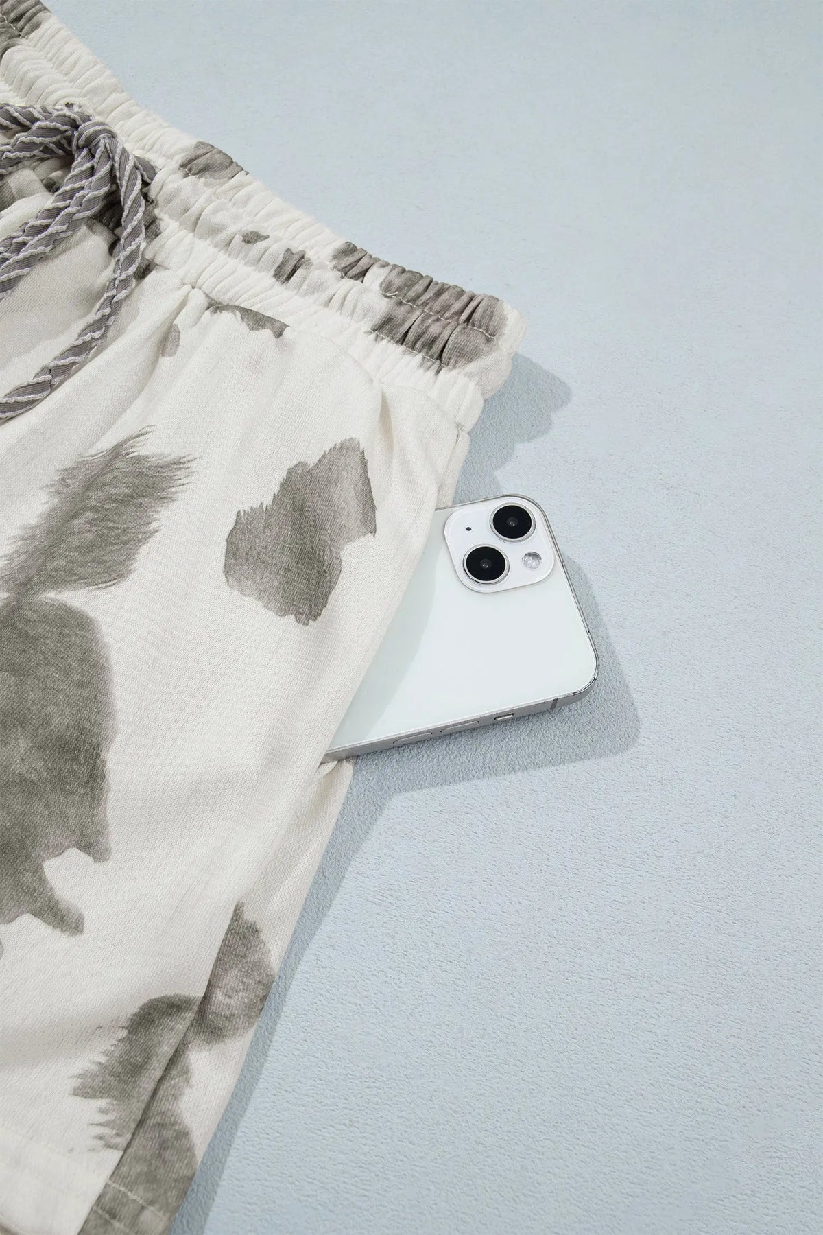 Gray Western Print Raw Hem Long Sleeve Top Drawstring Shorts Set
