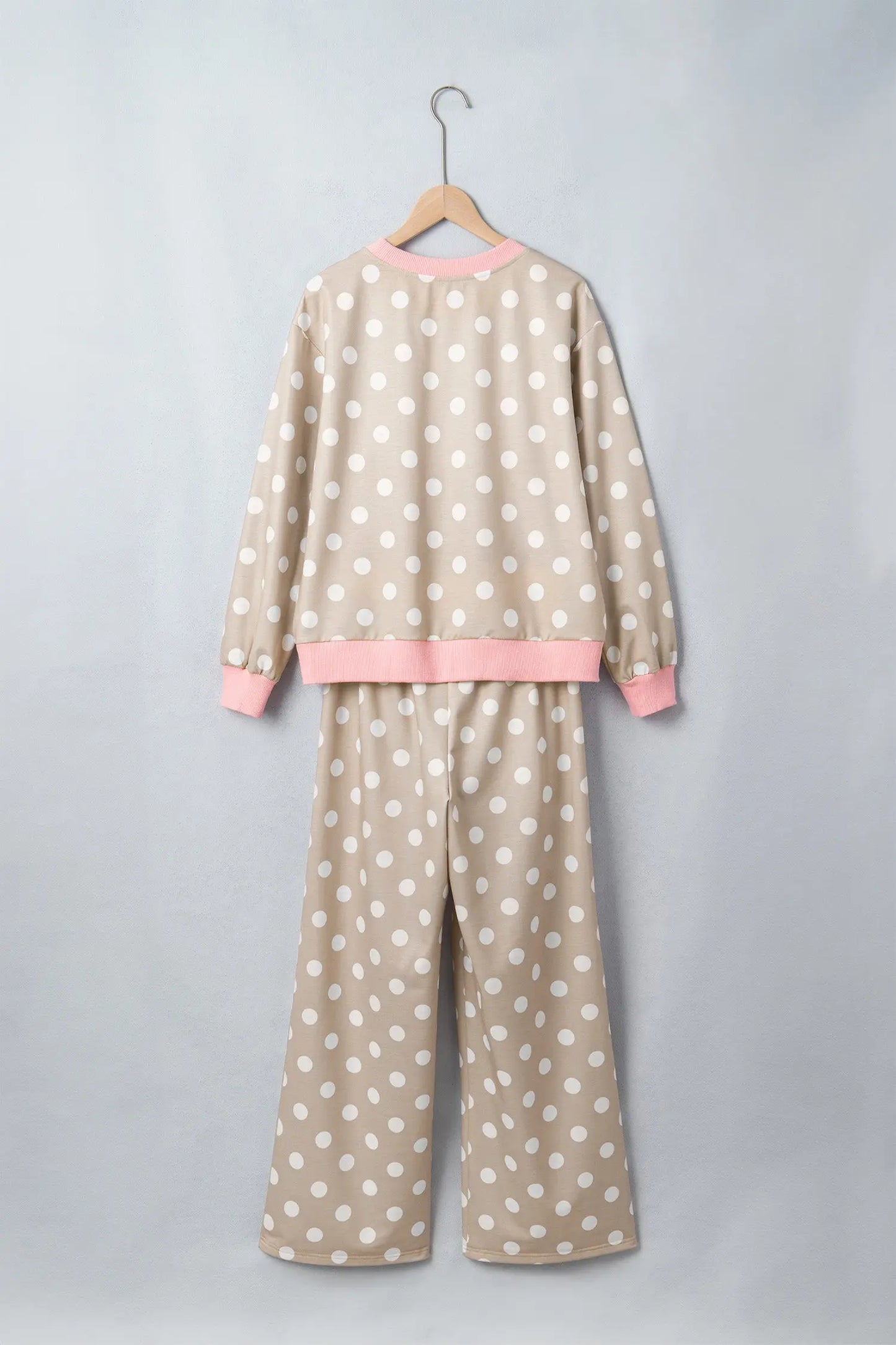 Khaki Polka Dot Contrast Trim Long Sleeve Top Drawstring Shift Pants Set