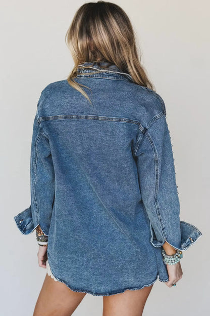 Sail Blue Rivet Embellished Western Style Regular Fit Long Sleeve Denim Jacket