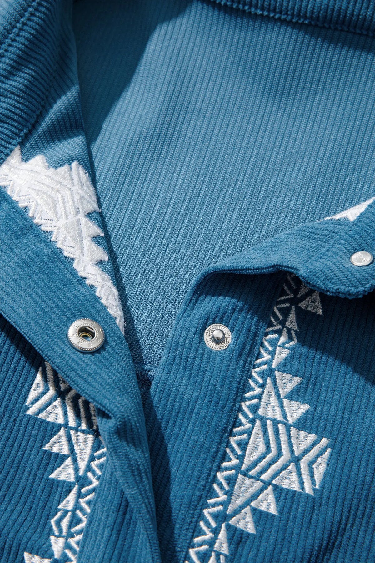Blue Embroidered Corduroy V-Neck Long Sleeve Plus Size Shirt