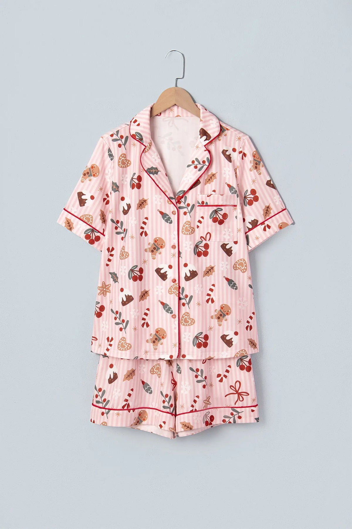 Pink Abstract Christmas Print Short Sleeve Two Piece Lounge Set