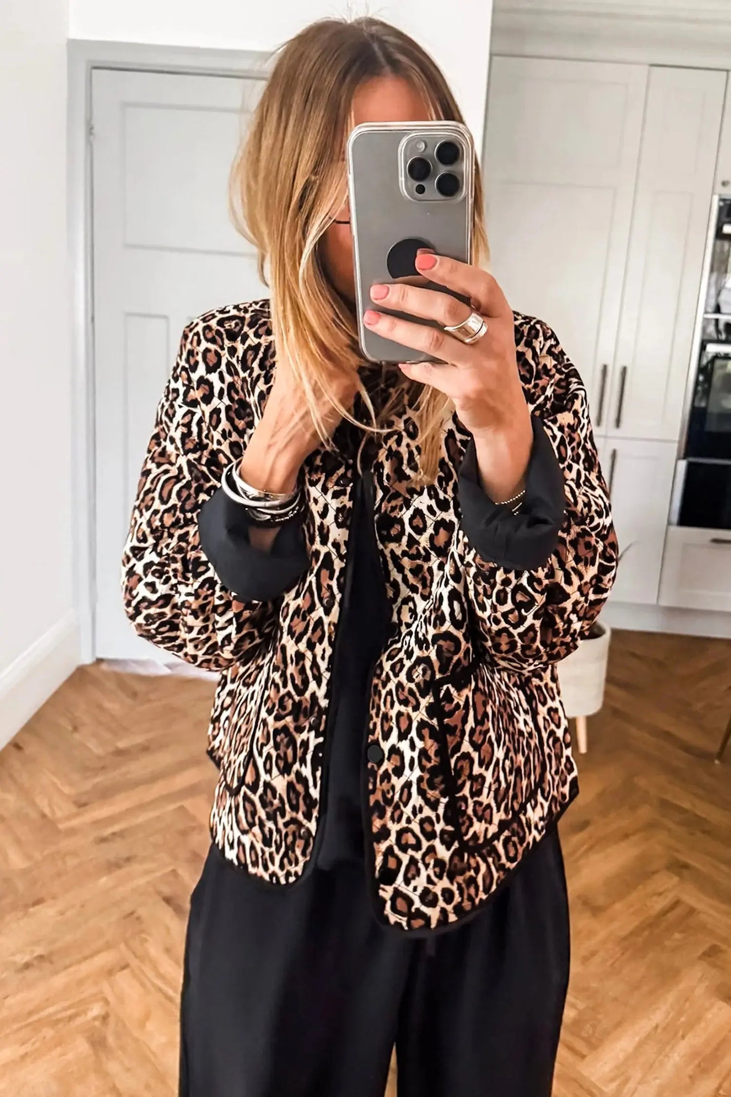 Brown Leopard Print Quilted Button Front Patch Pockets Jacket