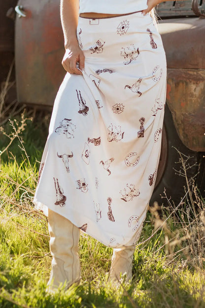 White Western Print Satin Long Skirt - Beige / S / 97% Polyester + 3% Elastane - Skirts