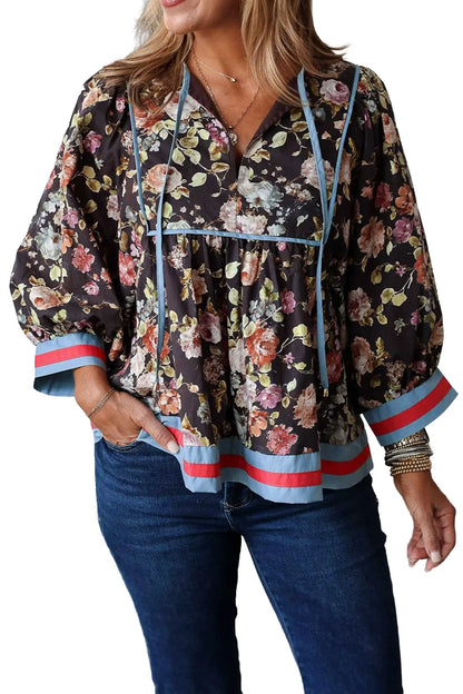 Black Floral Print Contrast Trim Tie V Neck Bracelet Sleeve Blouse