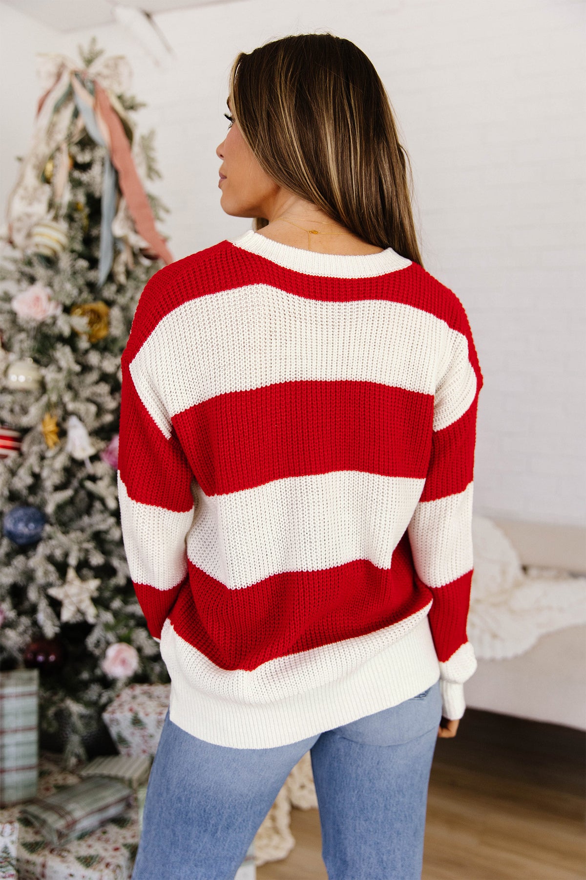 Red Stripe MERRY Drop Shoulder Long Sleeve Christmas Sweater