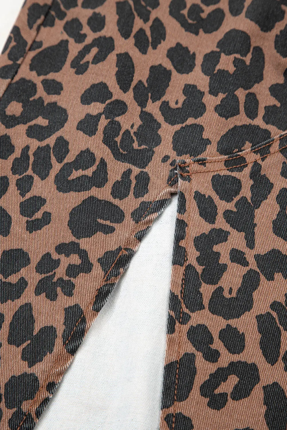 Brown Leopard Print Side Split Frayed Hem Denim Midi Skirt