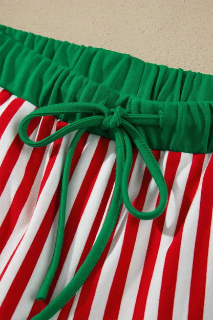 Red Stripe Colorblock Trim Polo Collar Drawstring Elastic Waist Band Casual 2pcs Outfit