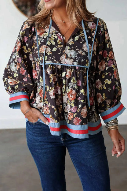 Black Floral Print Contrast Trim Tie V Neck Bracelet Sleeve Blouse
