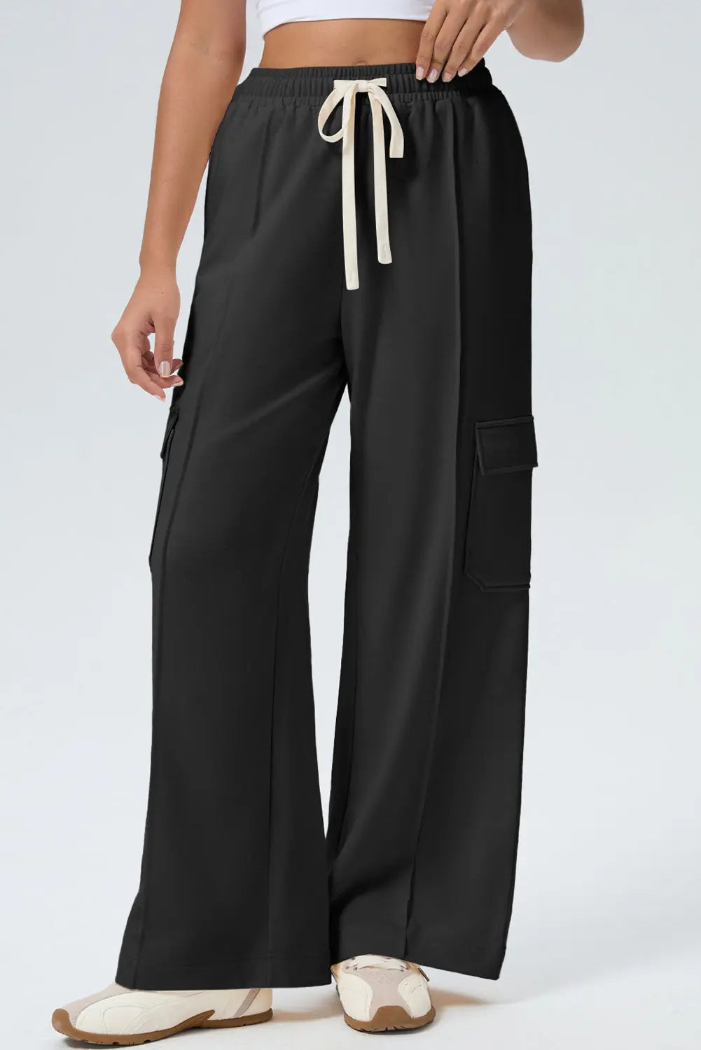 Black Solid Color Drawstring Elastic Waist Cargo Patch Pocket Active Pants