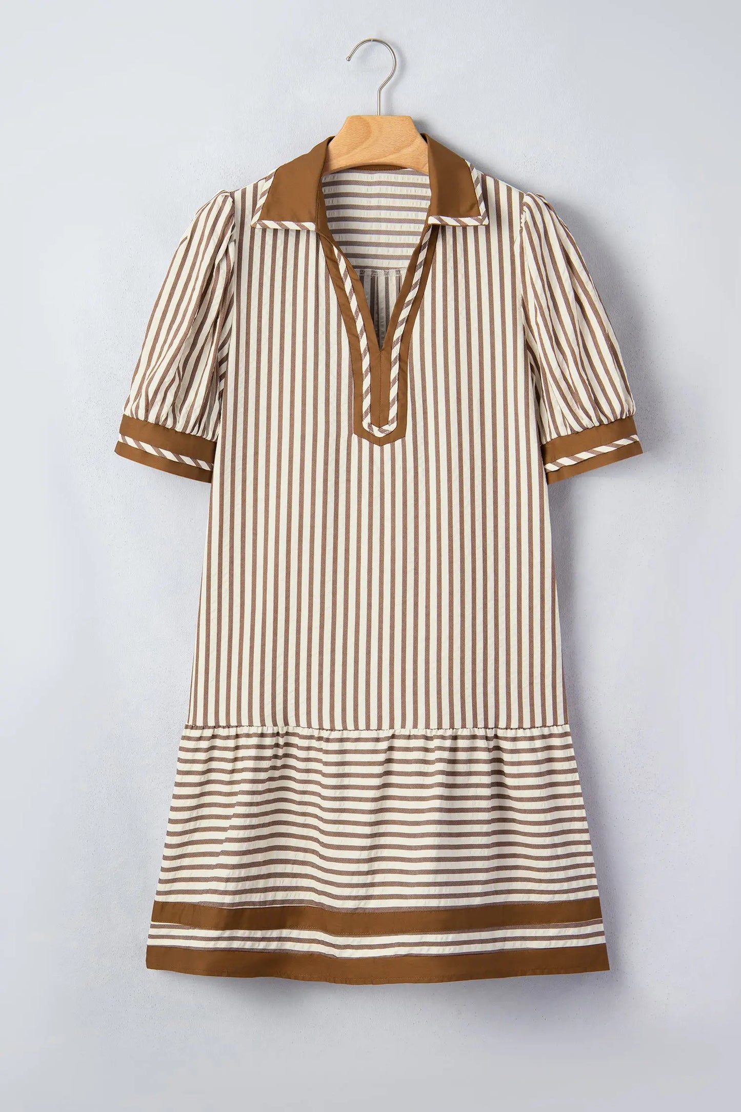 Brown Stripe Shirt Collar Color Block Patchwork Trim Ruffle Hem Short Dress