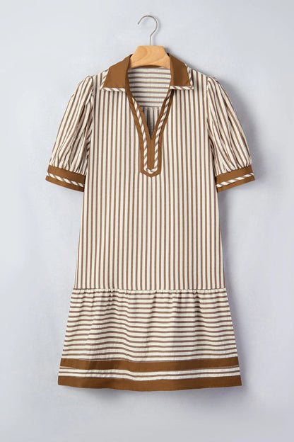 Brown Stripe Shirt Collar Color Block Patchwork Trim Ruffle Hem Short Dress