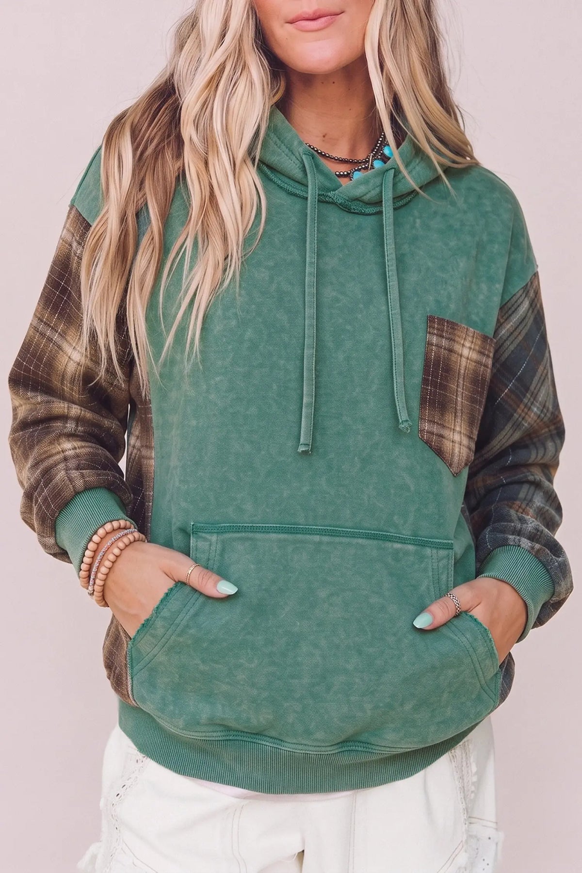 Smoke Green Plaid Colorblock Hoodie model front view · nz-alt-v1