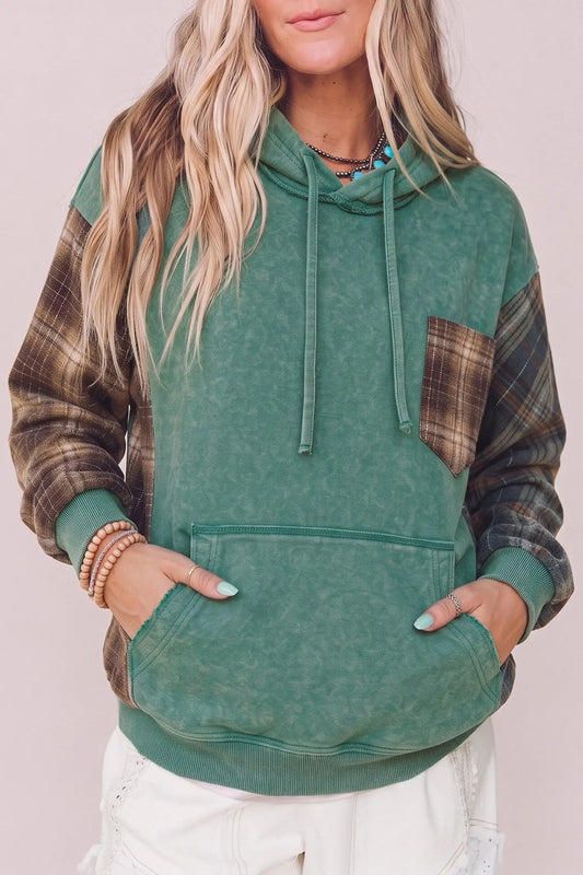 Smoke Green Plaid Colorblock Hoodie model front view · nz-alt-v1