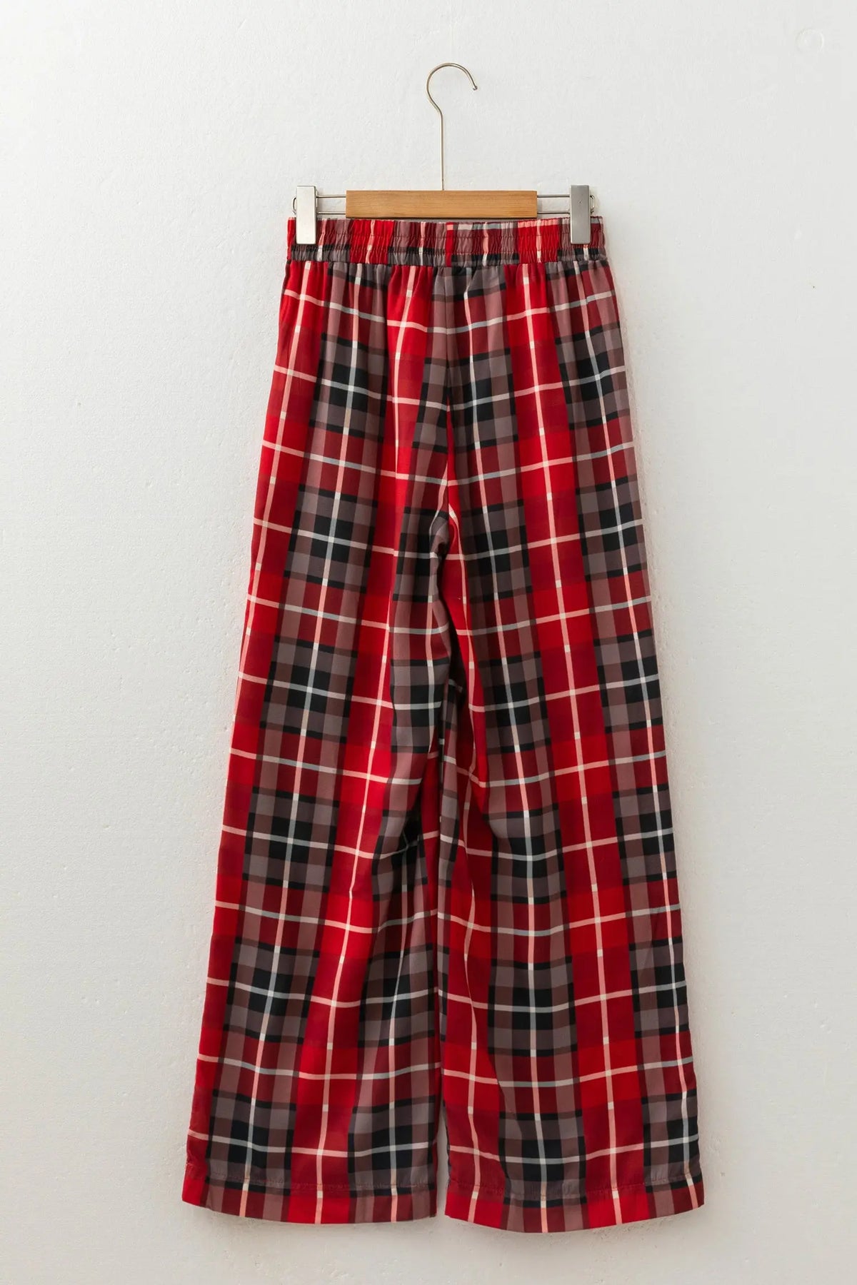 Red Plaid Elastic Waist Pocket Regular Full-Length Pants