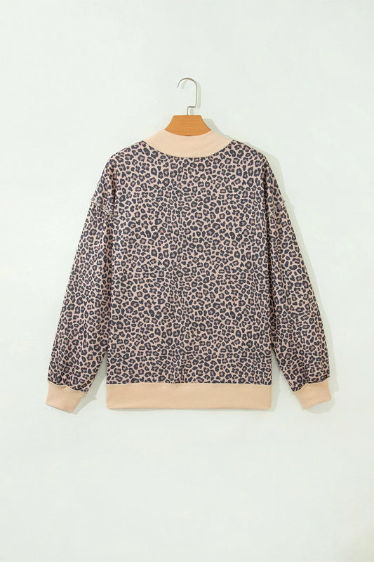 Multicolour plus size leopard print ribbed color block mock neck tunic sweatshirt hanging view · nz-alt-v1