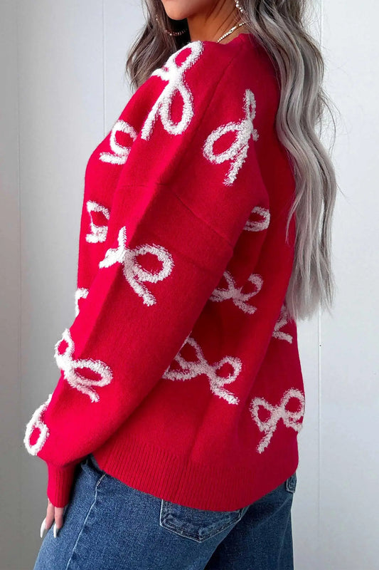 Fiery Red All Over Bow Dropped Shoulder Round Neck Shift Sweater side view · nz-alt-v1