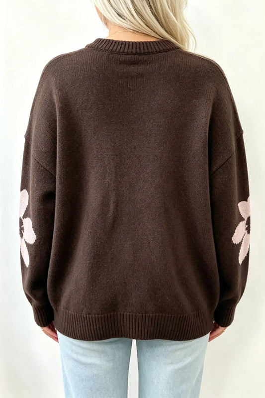 Chicory Coffee Cozy Floral Print Round Neck Dropped Shoulder Casual Sweater model back view · nz-alt-v1