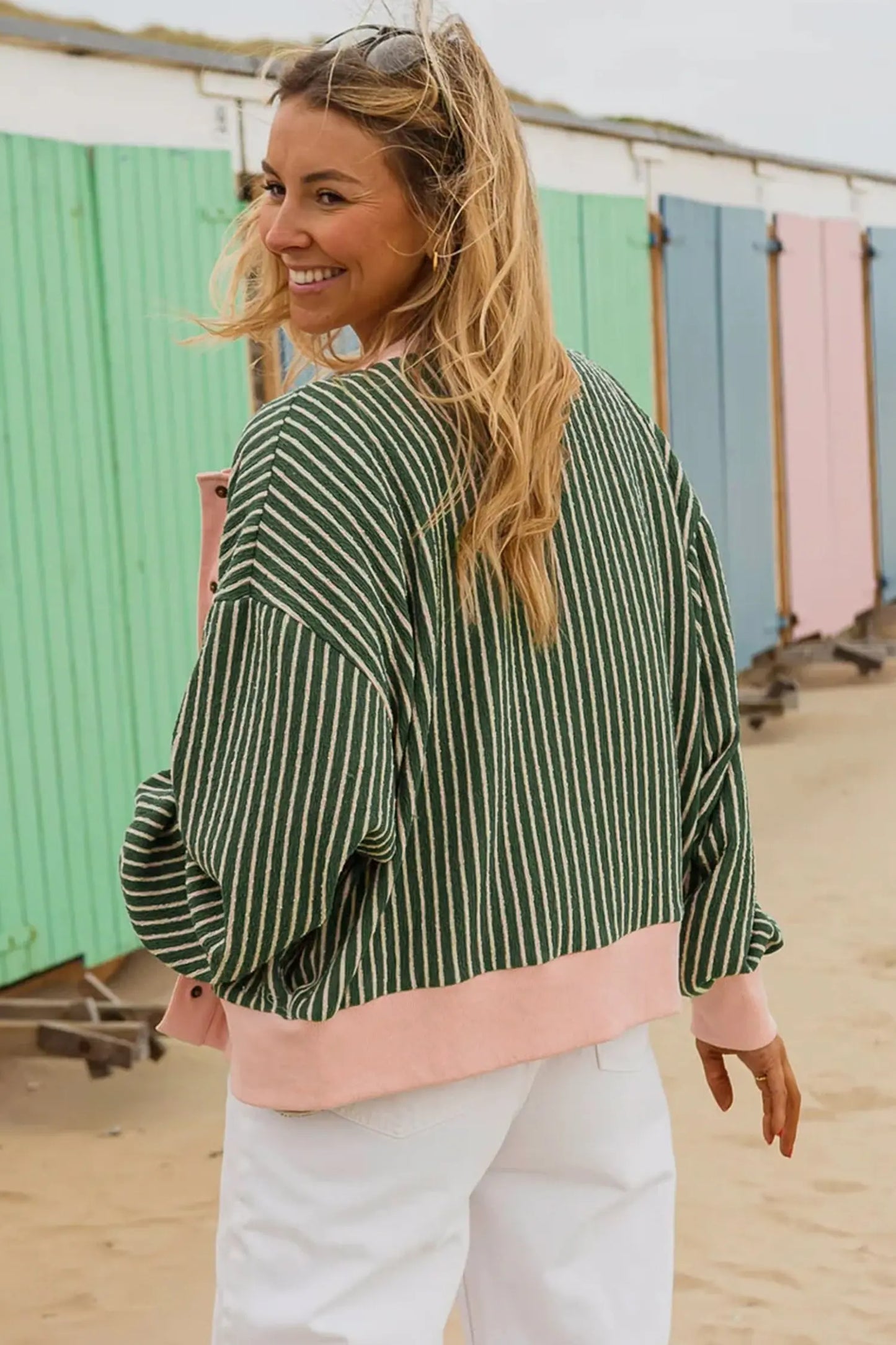 Green Stripe Striped V Neck Patchwork Long Sleeve Regular Fit Cardigan