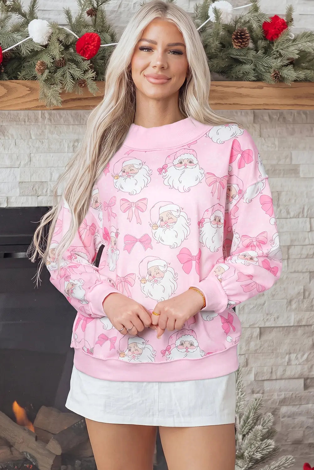 Pink Abstract Santa Print Drop Shoulder High Neck Sweatshirt