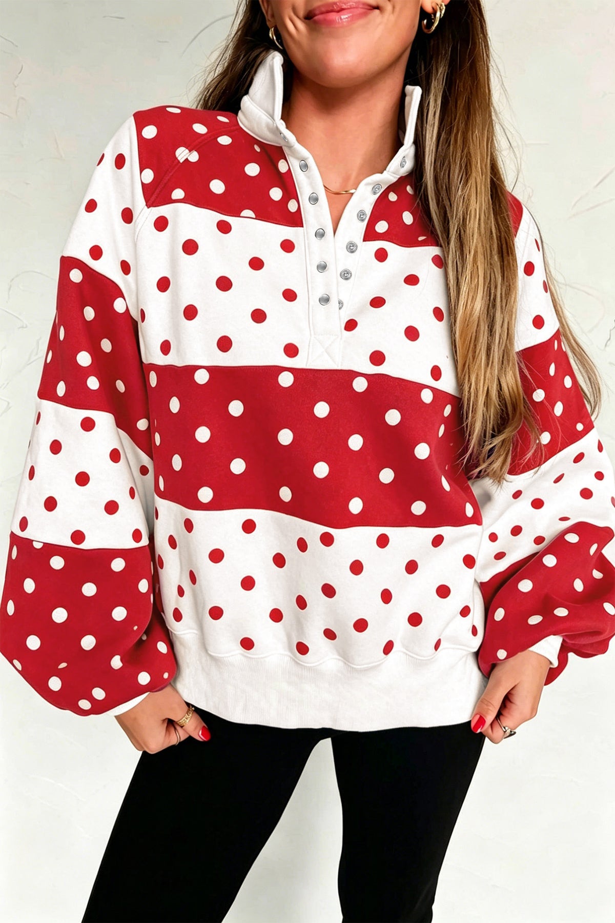 Blue Polka Dot Colorblock Half Zip Puff Sleeve Pullover Sweatshirt
