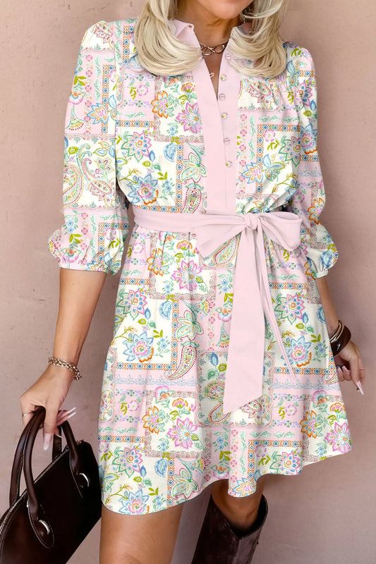 Pink Boho Floral Print Color Block Trim Half Button Belted Mini Dress Nataliz