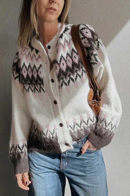 White Geometric Pattern Brushed Knit Button Cardigan model front view · nz-alt-v1