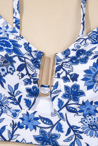 Blue Floral Print Hardware Accent Notched Neck High Waist Bikini Set