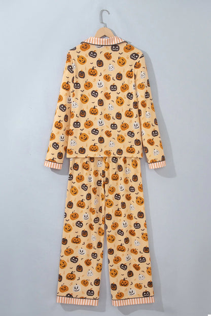 Orange Halloween Pumpkin Print Two Piece Long Sleeve Lounge Set