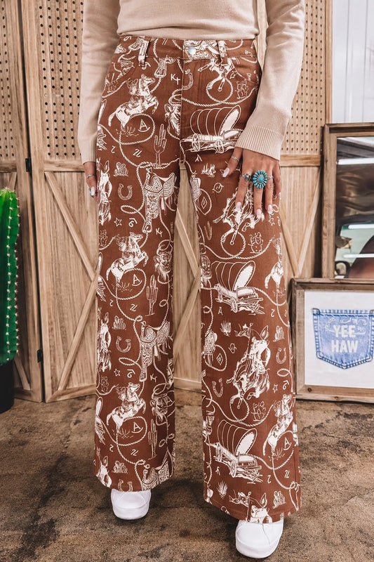 Brown Western Print Casual Shift Jeans model front view · nz-alt-v1