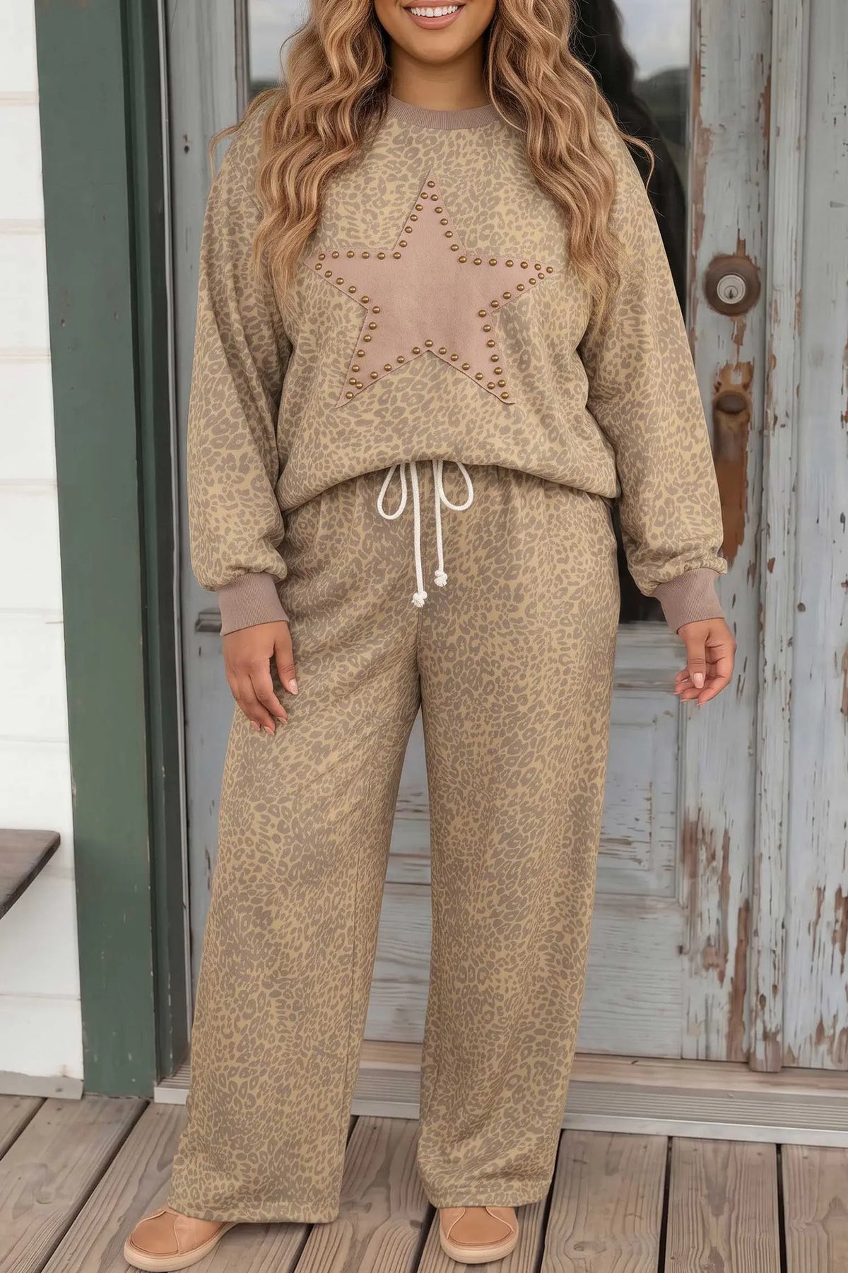Khaki Leopard Print Star Patch Plus Size Pants Set model front view · nz-alt-v1