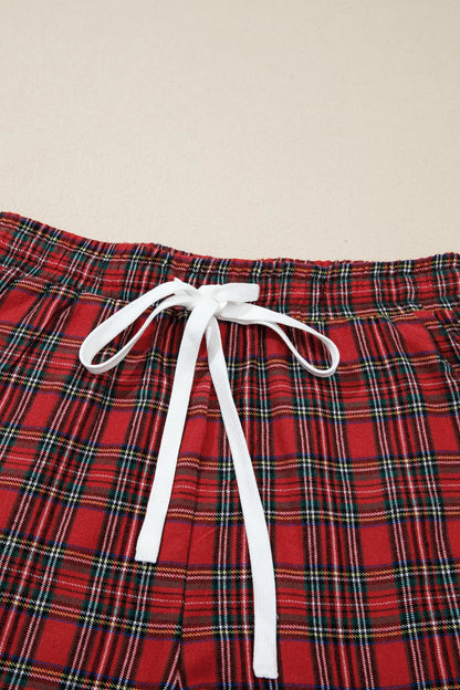White Plaid Merry Slogan Embroidered Pocket Long Sleeve Shift Lounge Set
