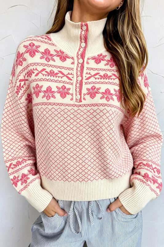 Sachet Pink Cozy Abstract Print Button Stand Neck Casual Sweater model front view · nz-alt-v1