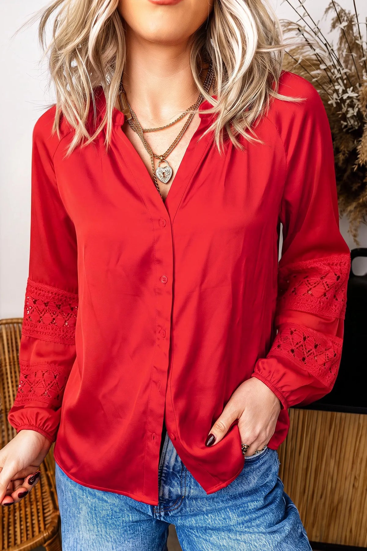 Fiery Red Patchwork Lace Long Sleeve V Neck Button Front Shirt
