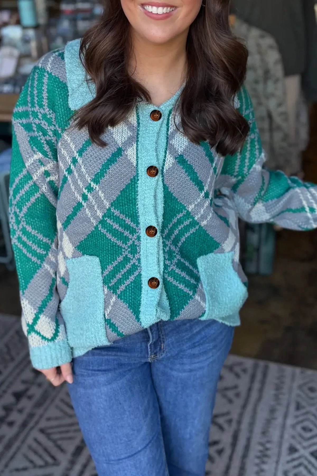 Green Plaid V Neck Long Sleeve Shift Cardigan Sweater model front view · nz-alt-v1