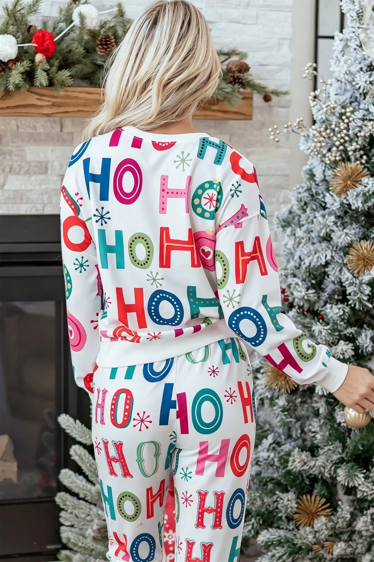 Multicolour Ho Ho Ho Print Long Sleeve Lounge Set model back view · nz-alt-v1