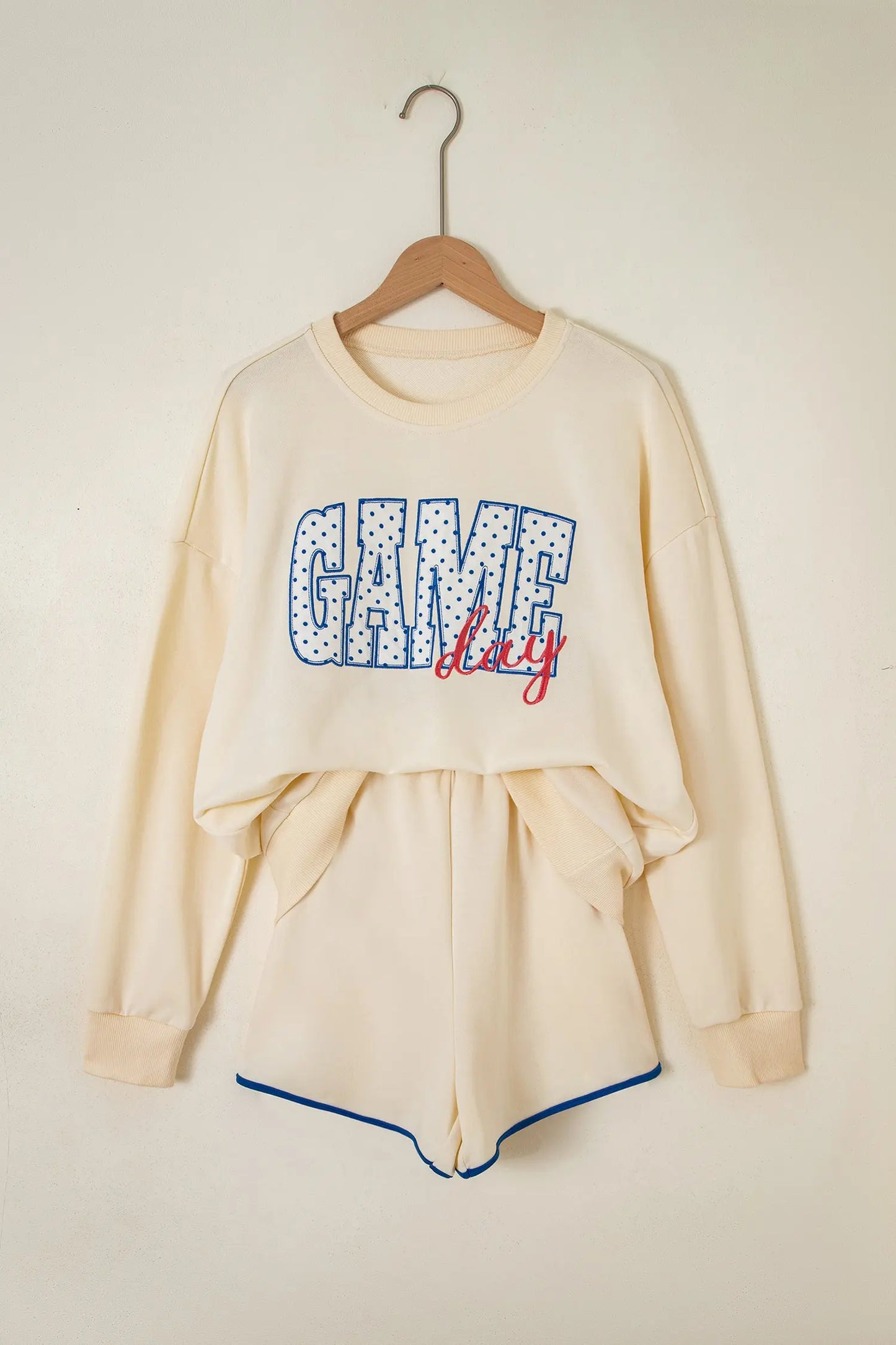 Beige Game Day Crewneck Long Sleeve Pullover Athleisure Short Sets