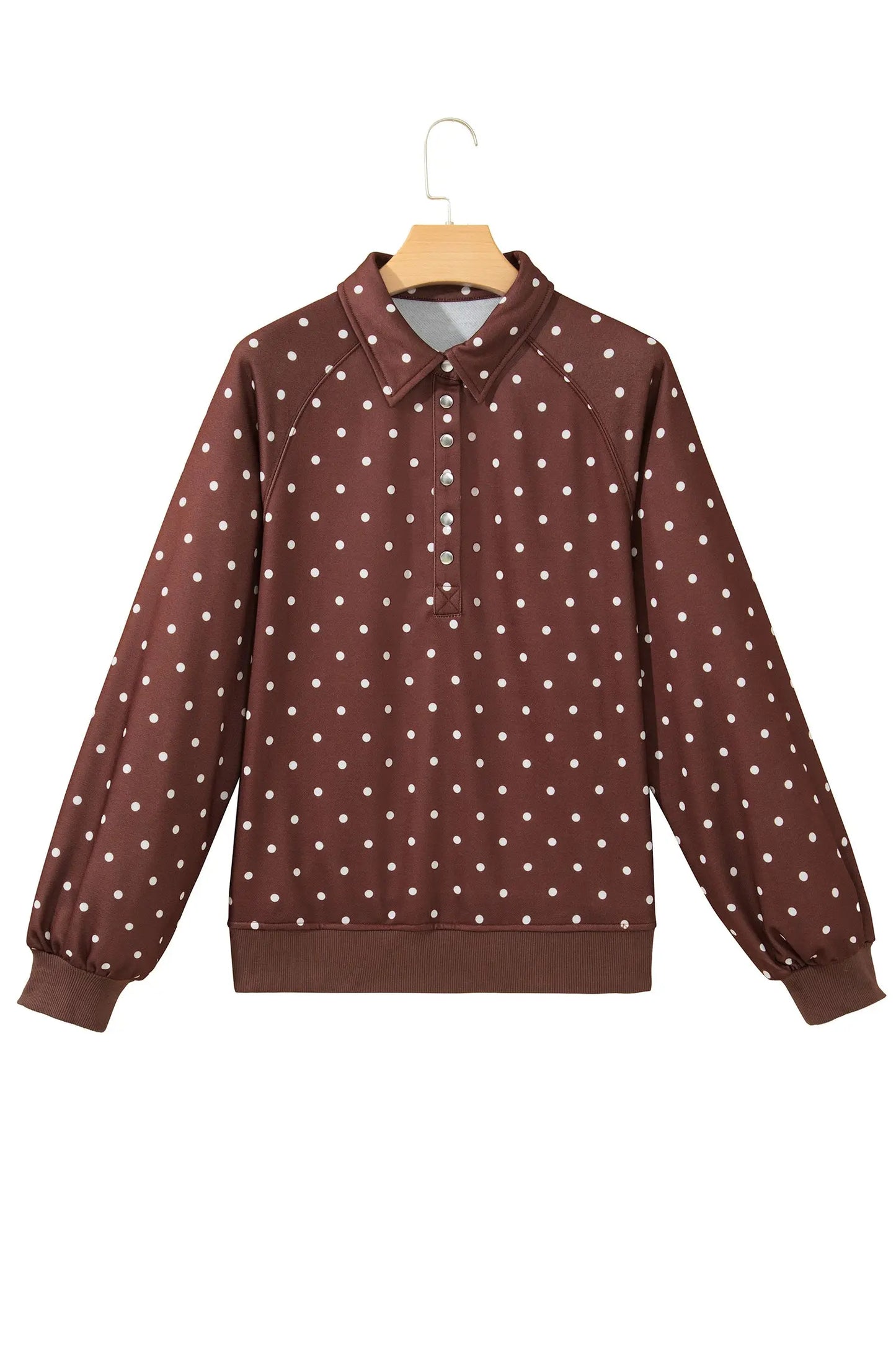 Pink Polka Dot Print Metal Button Collar Casual Pullover Sweatshirt