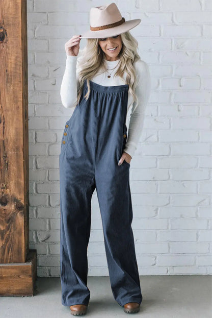 Real Teal Button Adjustable Straps Solid Color Corduroy Jumpsuit